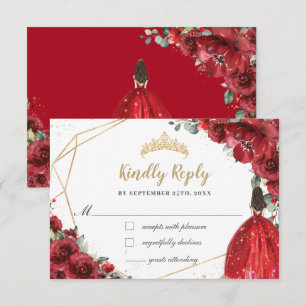 Tarjeta De Confirmación De Asistencia Red Floral Gold Princesa Quinceañera Responder