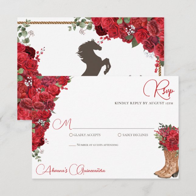 Tarjeta De Confirmación De Asistencia Red Floral Occidental Charro Quinceañera (Anverso / Reverso)