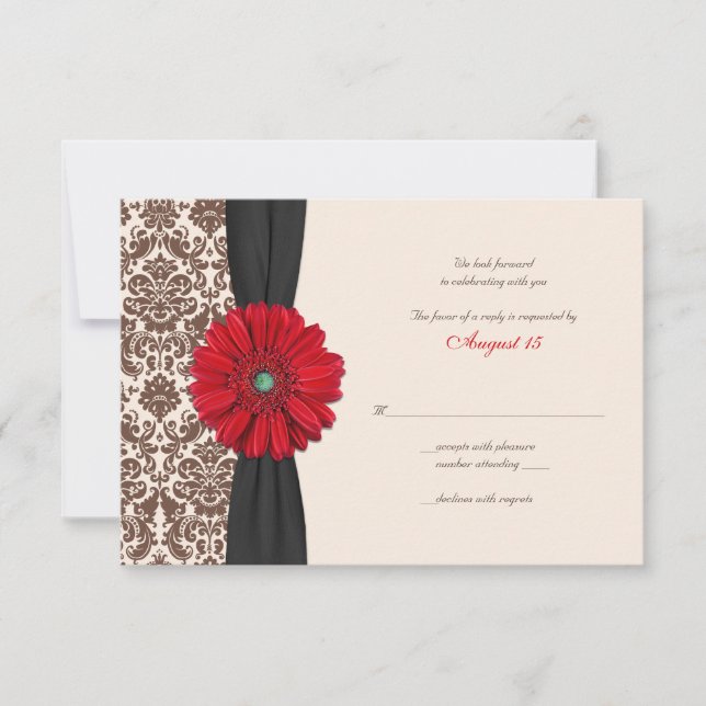 Tarjeta De Confirmación De Asistencia Red Gerber Daisy Damask Reply Card (Anverso)