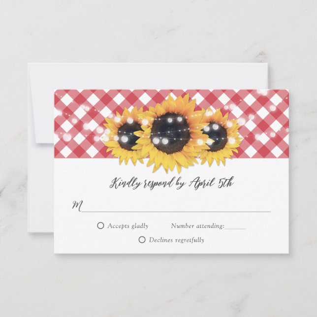 Tarjeta De Confirmación De Asistencia Red Gingham Rustic Sunflower Boda (Anverso)