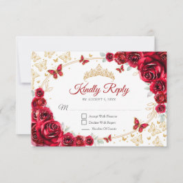Tarjeta De Confirmación De Asistencia Red Gold Floral Quinceanera Reply