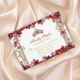 Tarjeta De Confirmación De Asistencia Red Golden Tiara Floral Quinceañera