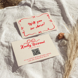 Tarjeta De Confirmación De Asistencia Red Hand Escribió Quirky Moderno Bow QR Code Boda