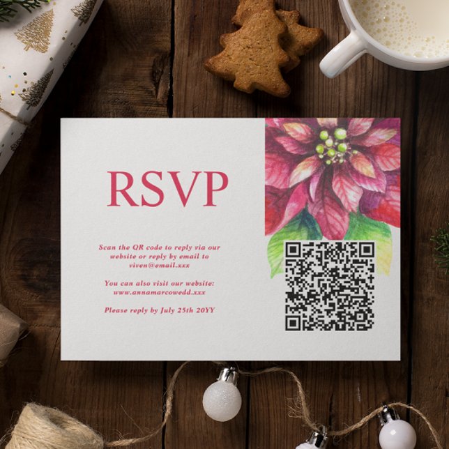 Tarjeta De Confirmación De Asistencia Red Poinsettia Winter Navidades Boda Código QR (Subido por el creador)