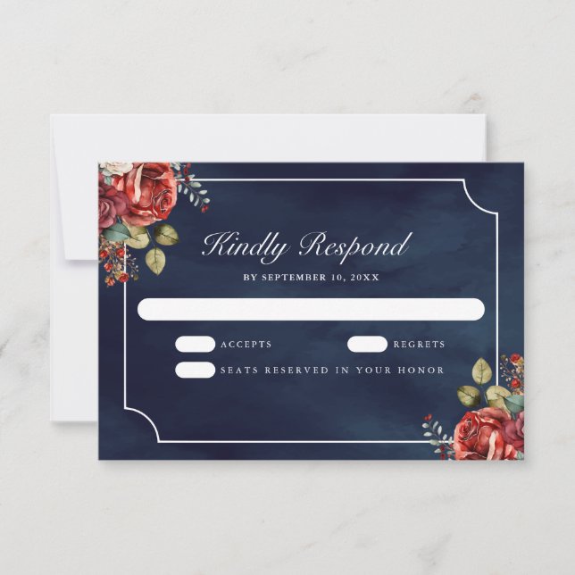 Tarjeta De Confirmación De Asistencia Red Roses Floral Navy Blue Wedding (Anverso)