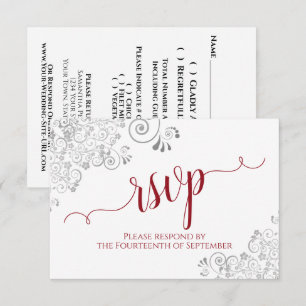 Tarjeta De Confirmación De Asistencia Red sobre blanco elegante caligrafía Boda Frilly