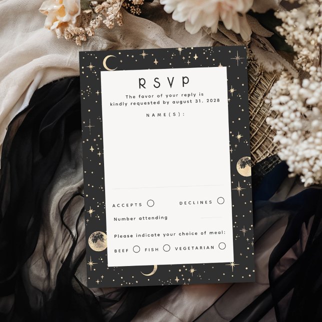Tarjeta De Confirmación De Asistencia Relieve metalizado dorado Estrellas Boda Celestial (Black Celestial RSVP Card)