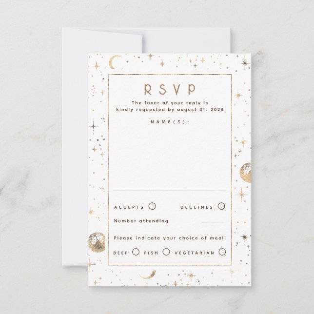 Tarjeta De Confirmación De Asistencia Relieve metalizado dorado Estrellas Boda Celestial (Anverso)