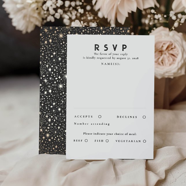 Tarjeta De Confirmación De Asistencia Relieve metalizado dorado Estrellas de boda modern (Celestial RSVP Cards)