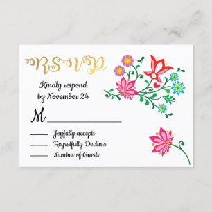 Tarjeta De Confirmación De Asistencia Relieve metalizado dorado Floral Mexicana Boda fie