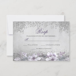 Tarjeta De Confirmación De Asistencia Relieve metalizado plateado Floral Purple Wedding 