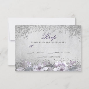 Tarjeta De Confirmación De Asistencia Relieve metalizado plateado Floral Purple Wedding 