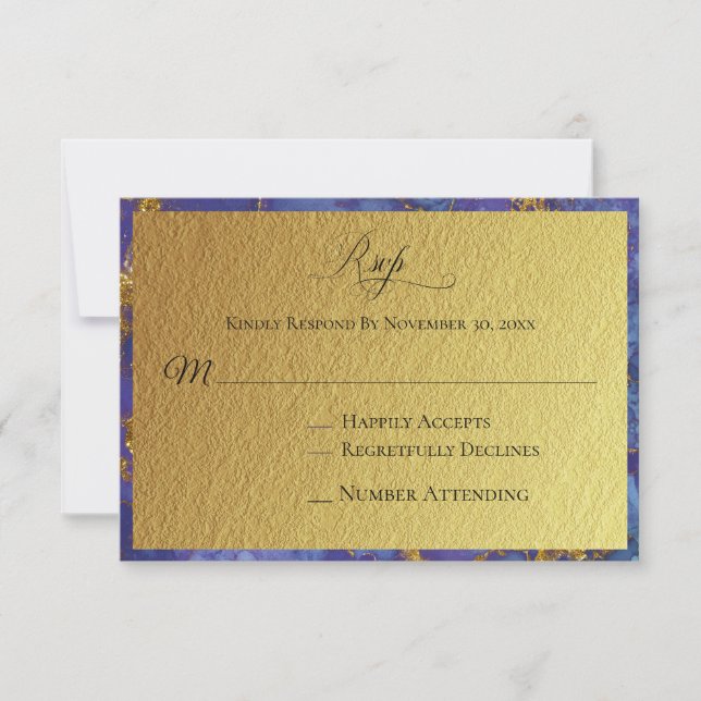 Tarjeta De Confirmación De Asistencia *~* Relieve metalizado Purpurina de oro Boda abstr (Anverso)
