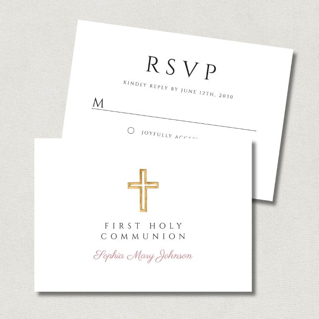 Tarjeta De Confirmación De Asistencia Religious Cross Pink GIrl First Communion  (Religious Cross Pink GIrl First Communion RSVP Card)
