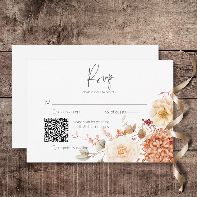 Tarjeta De Confirmación De Asistencia Resto de caída picante y código QR floral de Rubor (Spicy Fall Rust & Blush Boho Floral Wedding Response Card with QR Code)