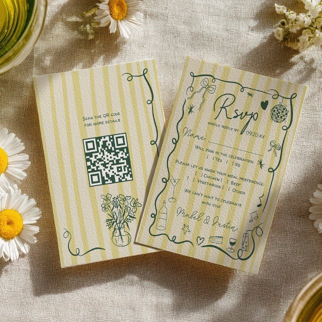 Tarjeta De Confirmación De Asistencia Retro Citrus Green hand drawn wedding QR (Retro Citrus Green hand drawn wedding QR RSVP Card)