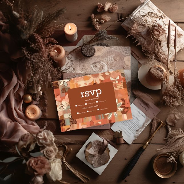 Tarjeta De Confirmación De Asistencia Retro Groovy Burbuja naranja boda floral (Subido por el creador)