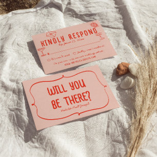 Tarjeta De Confirmación De Asistencia Retro Mano Dibujada Rojo Rosa Único Boda Quirky