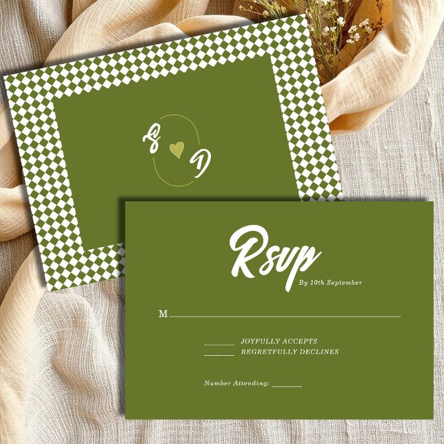 Tarjeta De Confirmación De Asistencia Retro Olive green Minimalist Checkered Wedding (Subido por el creador)