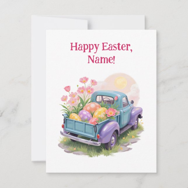 Tarjeta De Confirmación De Asistencia Retro Teal & Purple Truck with Easter Eggs (Anverso)