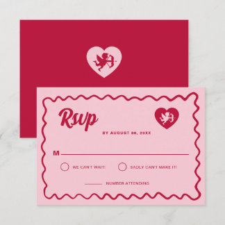 Tarjeta De Confirmación De Asistencia Retro Wavy Frame Red Pink Cupid Heart Wedding