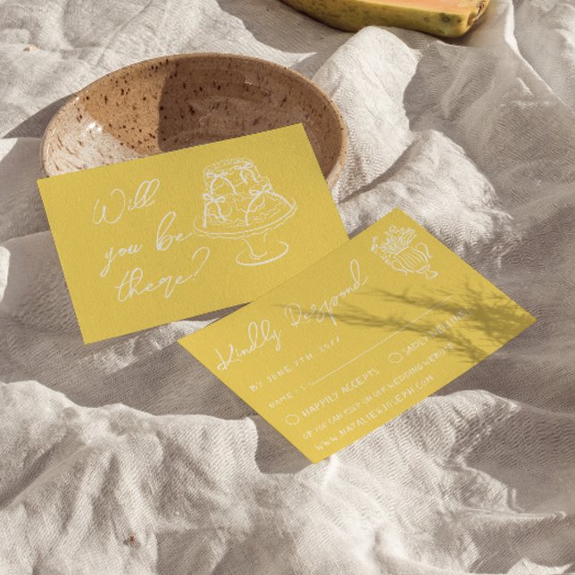 Tarjeta De Confirmación De Asistencia Retro Yellow  Hand Drawn Cake Floral Wedding (Subido por el creador)