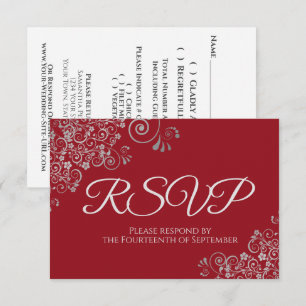 Tarjeta De Confirmación De Asistencia Rojo Romántico con Elegante Encaje de Plata Boda