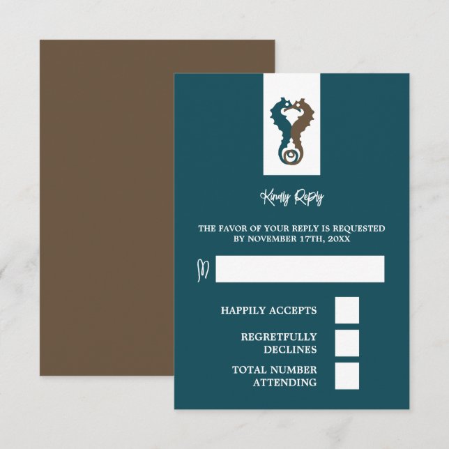 Tarjeta De Confirmación De Asistencia Romance del caballito de mar, boda en la playa (Anverso / Reverso)