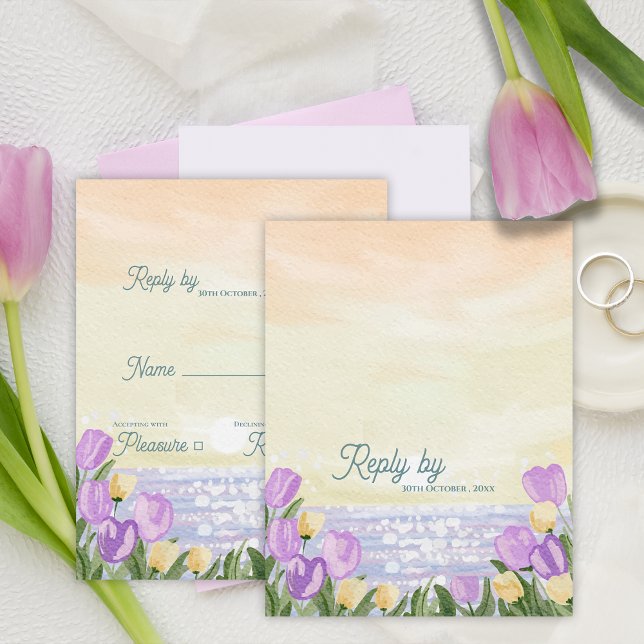 Tarjeta De Confirmación De Asistencia Romantic Beach Sunset Purple Florals Wedding Reply (Romantic Beach Sunset Purple Florals Wedding Reply RSVP Card)