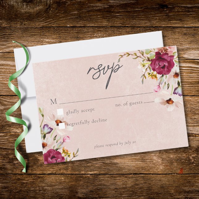 Tarjeta De Confirmación De Asistencia Romantic Burgundy Blush Floral Garden Wedding (Romantic Burgundy Blush Floral Garden Wedding RSVP Card)