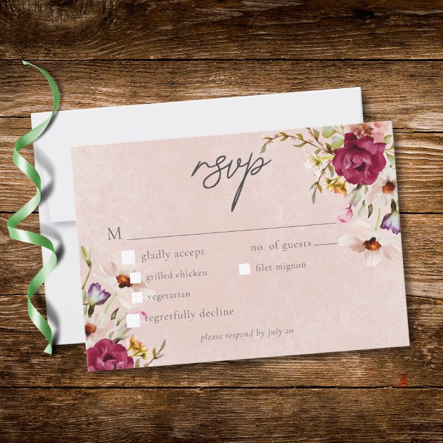 Tarjeta De Confirmación De Asistencia Romantic Burgundy Blush Floral Garden Wedding (Romantic Burgundy Blush Floral Garden Wedding RSVP Card)