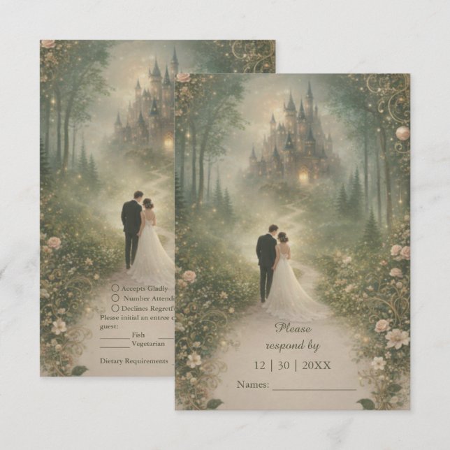 Tarjeta De Confirmación De Asistencia Romantic Fairytale Castle Forest Path Wedding (Anverso / Reverso)