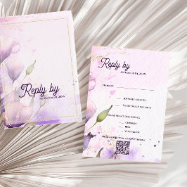 Tarjeta De Confirmación De Asistencia Romantic QR Code Lavender Gold Floral Wedding 