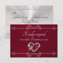 Tarjeta De Confirmación De Asistencia Romantic Silver Scroll Heart on Burgundy