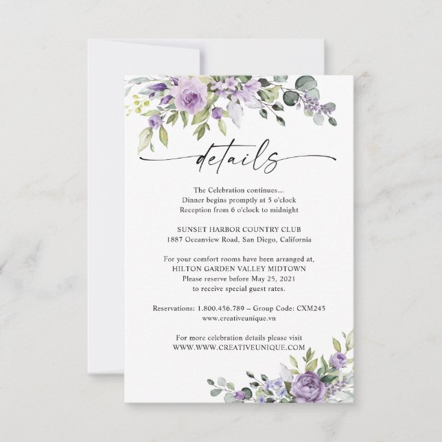 Tarjeta De Confirmación De Asistencia Romantic Violet Flowers Wedding Details Card (Anverso)