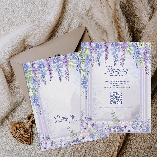 Tarjeta De Confirmación De Asistencia Romantic Wisteria Floral Arch QR Code Wedding (Lavender Wisteria Floral Arch QR Code Wedding RSVP Card | Purple Garden Wedding Response Card)
