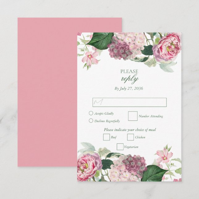 Tarjeta De Confirmación De Asistencia Romántica acuarela Flores rosadas Boda Jardín (Anverso / Reverso)