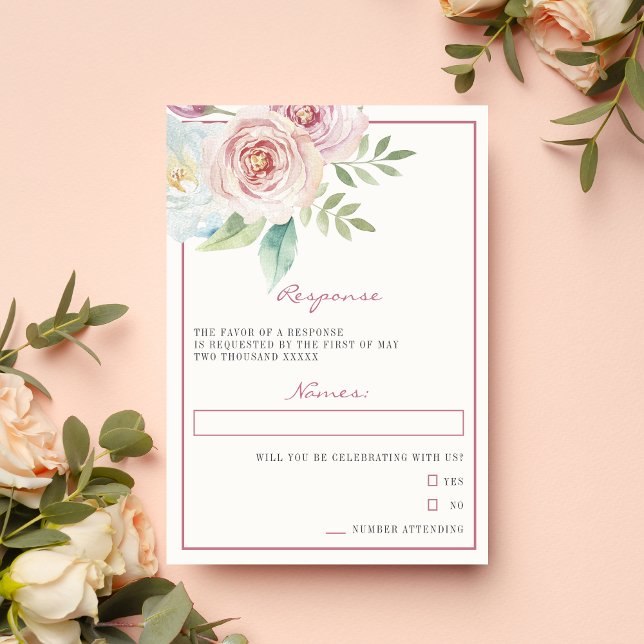 Tarjeta De Confirmación De Asistencia Romántica Verde Floral Suave Rosa Malva (Subido por el creador)