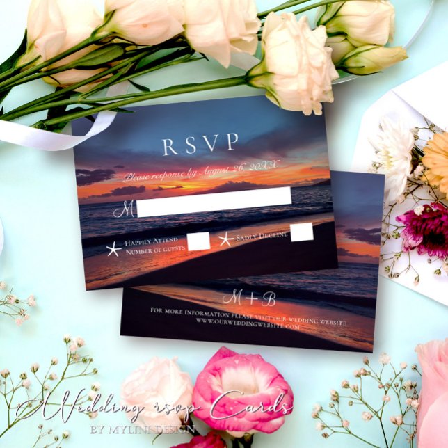 Tarjeta De Confirmación De Asistencia Romántico Blue Sunset Tropical Summer Beach Weddin (Subido por el creador)