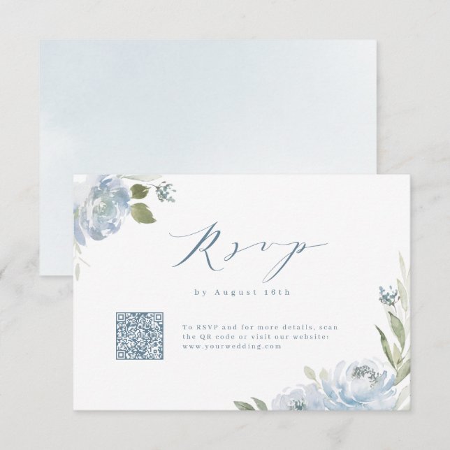 Tarjeta De Confirmación De Asistencia Romántico boda floral azul polvoriento código QR (Anverso / Reverso)