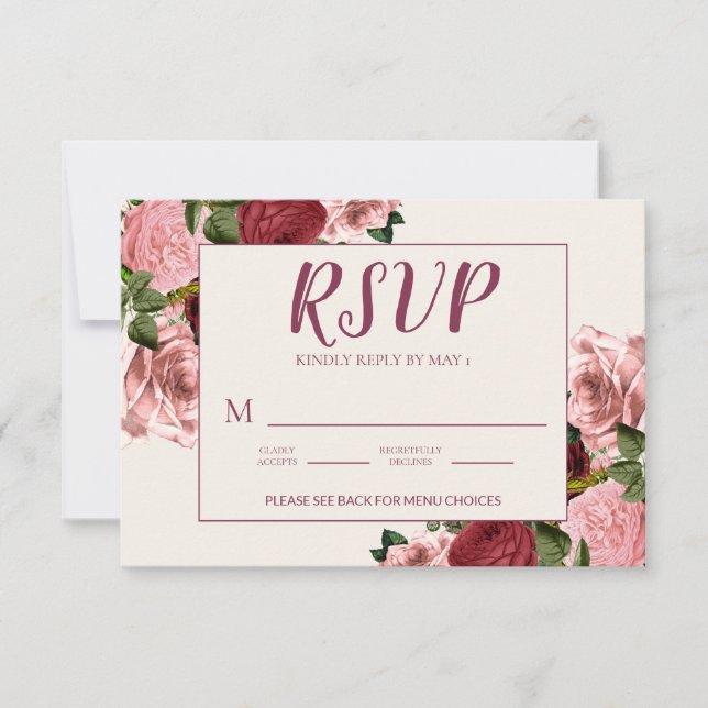Tarjeta De Confirmación De Asistencia Romántico Boda floral rosa Rubor Borgoña (Anverso)