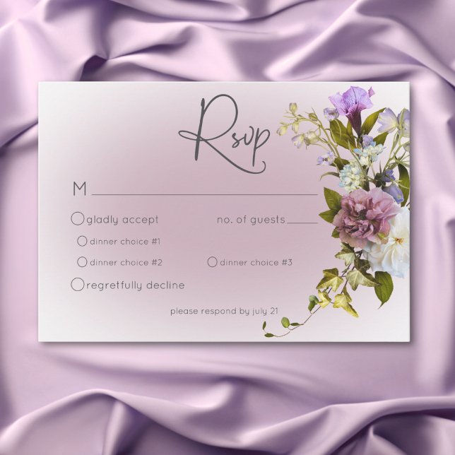 Tarjeta De Confirmación De Asistencia Romántico Boda moderno floral blanco y morado (Romantic White & Purple Floral Modern Wedding RSVP Card)