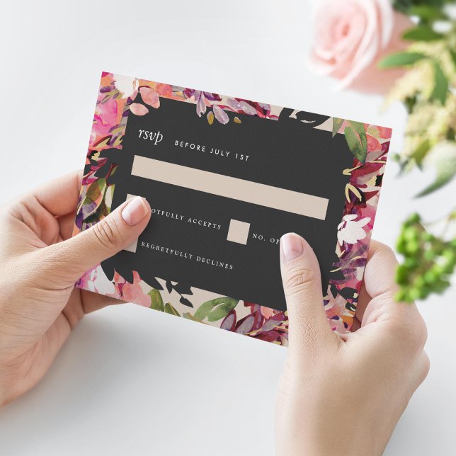 Tarjeta De Confirmación De Asistencia Romántico Bouquet Hot Pink Black Gold Boda (Subido por el creador)