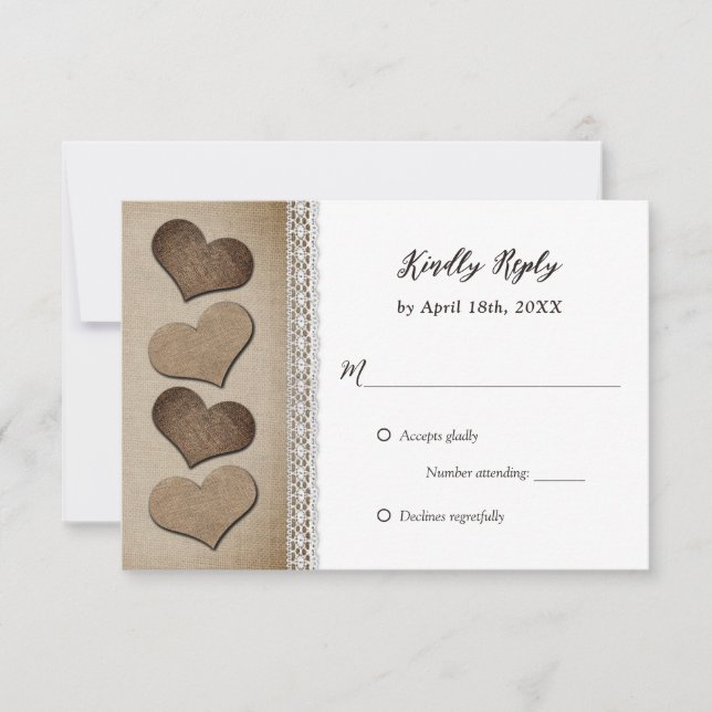 Tarjeta De Confirmación De Asistencia Romántico país Burlap Hearts Lace Boda (Anverso)