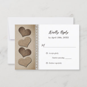 Tarjeta De Confirmación De Asistencia Romántico país Burlap Hearts Lace Boda