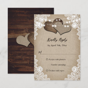Tarjeta De Confirmación De Asistencia Romántico País Burlap Madera Floral Lace Boda
