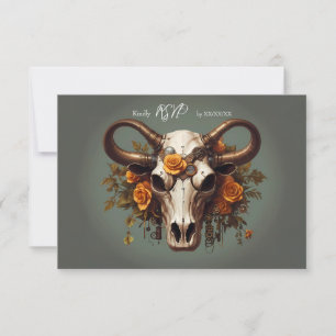 Tarjeta De Confirmación De Asistencia Romántico Steampunk Floral Cow Skull Boda