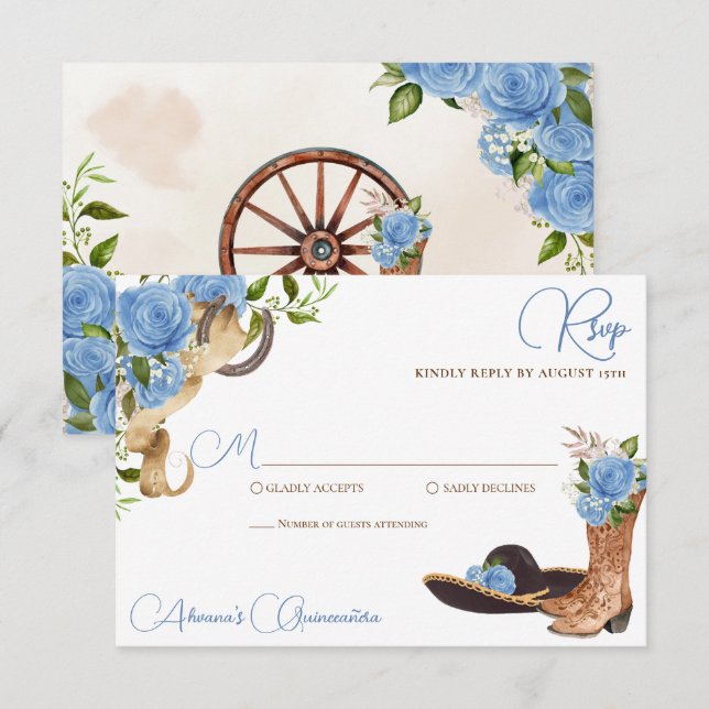 Tarjeta De Confirmación De Asistencia Rosa azul cielo Charro Western Quinceanera (Anverso / Reverso)