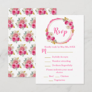 Tarjeta De Confirmación De Asistencia Rosa Caliente y Flores Elegantes de Oro Cumpleaños
