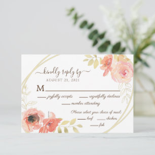 Tarjeta De Confirmación De Asistencia Rosa Coral Rosa y Hojas de Oro Floral Boda 
